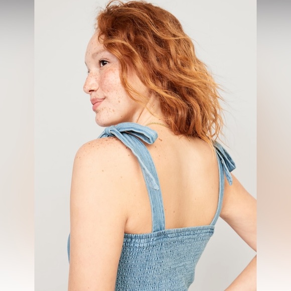 NWT! Light Wash Fitted Tie-Shoulder Cropped Jean Corset Cami Top - Multiple Size - Picture 6 of 8